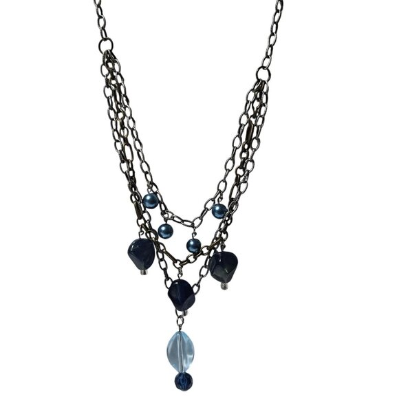 Vintage Beaded Multi Layer Necklace Blue Beads Chain Accents Fashion Jewelry - Picture 1 of 6